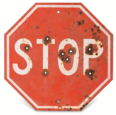 Vintage Metal Stop Sign with Bullet Holes and Rust Patina