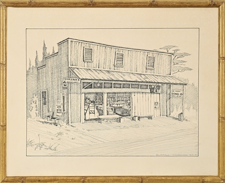 Russell Yoshida Ink Drawing — Haleiwa Vegetable Market, Signed & Dated 1982