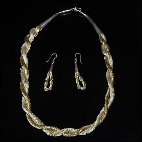 Navajo - Liquid Silver and Gold Necklace and Earring Set