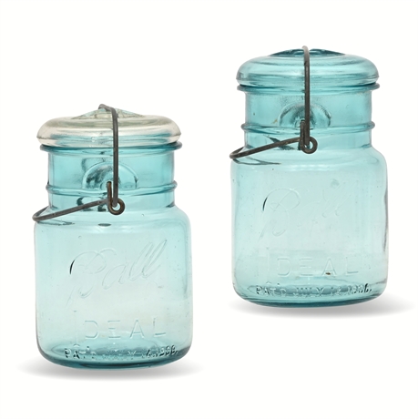 Antique Ball Ideal Aqua Glass Pint Jar Set with Aqua and Clear Lids