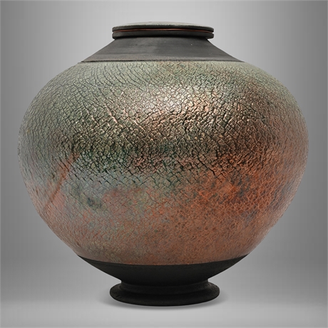 Rudy Lucero Lidded Raku Vessel — Copper & Verdigris Crackle Glaze