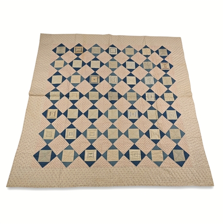 Antique c. 1920 Hand-Pieced Indigo & Pink Diamond-in-Square Quilt