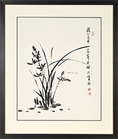 Chinese Ink Orchid Painting ― Signed & 3 Seals, Double-Matted 32×27