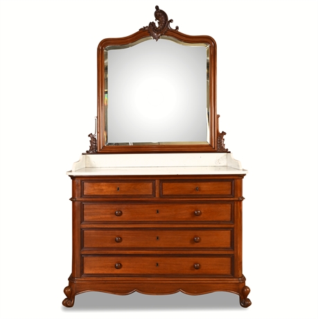Louis XV Revival Carved Walnut Marble-Top Dresser with Beveled Mirror, c. 1880s