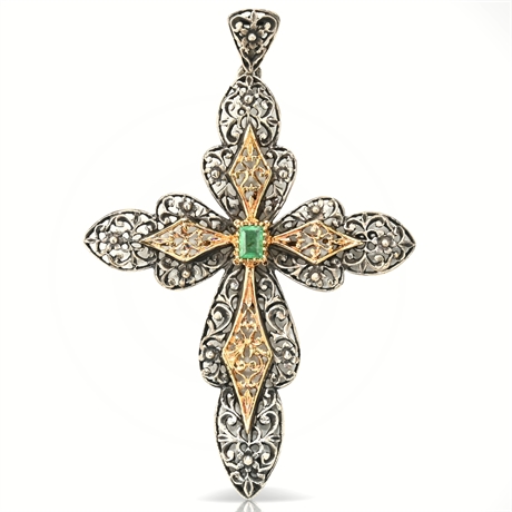 14K Gold & Sterling Silver Cross Pendant with Natural Emerald