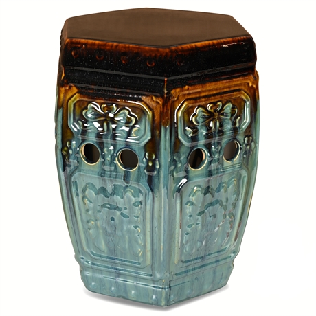 Hexagonal Reticulated Ceramic Garden Stool — Drip Glaze, 17.5" Tall
