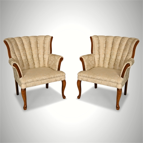 Pair of Channel-Back Cabriole Accent Chairs in Eggshell Damask Fabric