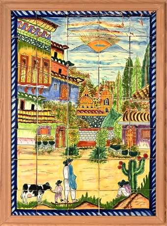 Large Talavera Mexican Tile Mural – 35 Tiles, Village Scene, 31" x 23"