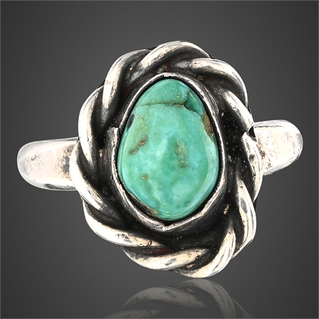 Navajo Sterling Silver & Turquoise Ring — Braided Bezel, Size 3.5