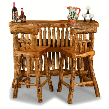 Rustic Handcrafted Mesquite Bar & Barstool Set