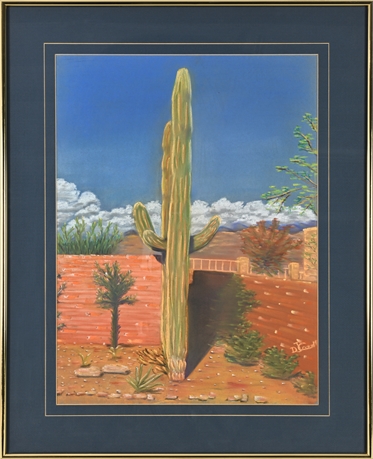 DJ Carroll Pastel Desert Landscape — Saguaro Cactus, Framed
