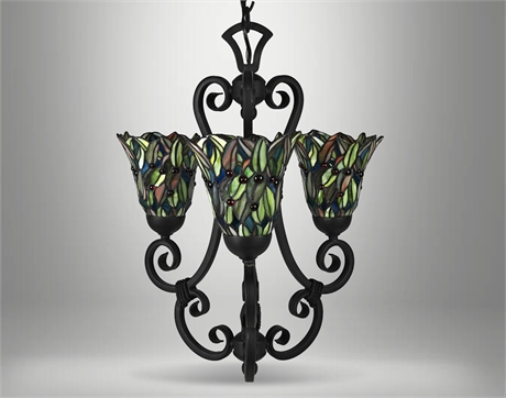 Iron & Stained Glass 3-Light Chandelier – 16" Diameter