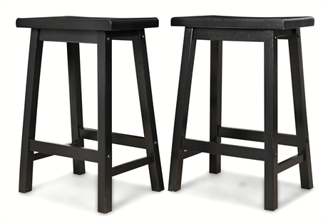 Pair of Black Wooden Saddle-Seat Bar Stools