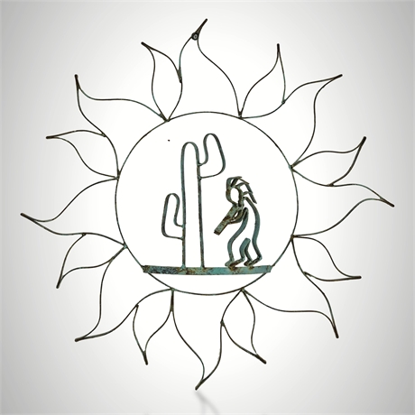 Metal Sunburst Wall Sculpture with Kokopelli & Saguaro, Verdigris Finish