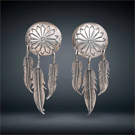 Sterling Concho Feather Earrings