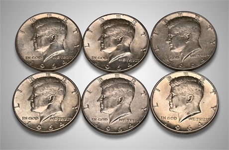 1964 (6) Kennedy Silver Half Dollars