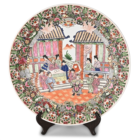 Famille Rose Court Scene Charger w/ Stand, Qianlong Mark, 18″
