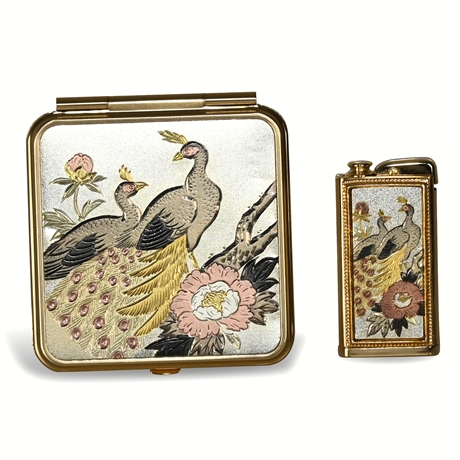 Vintage Japanese Nacon Peacock Mirror & Lighter Set