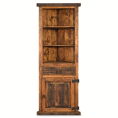 Rustic Solid Wood Corner Cabinet w/ Drawer & Iron Hardware