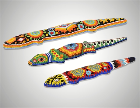 Set of 3 Huichol Beaded Lizards – Carved Wood & Glass Beads