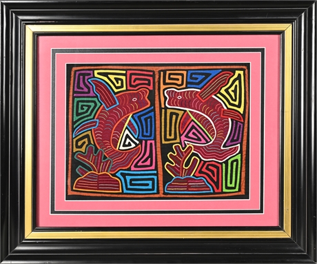 Framed Kuna Mola Textile – Double Fish Design, 21.5” x 25.5”
