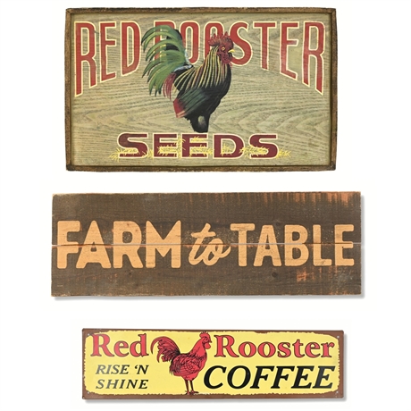 Vintage-Style Signs: Red Rooster Seeds, Farm to Table, Red Rooster Coffee