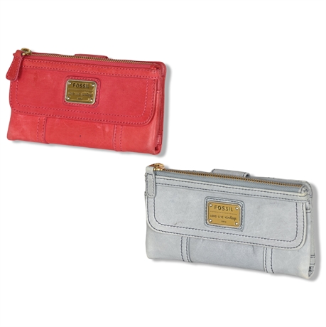 Fossil Leather Wallets – Red & Gray – Set of Two