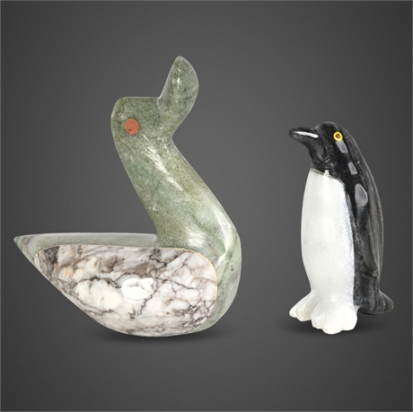Punta Arenas Penguin Signed & Green Stone Bird Sculpture Pair