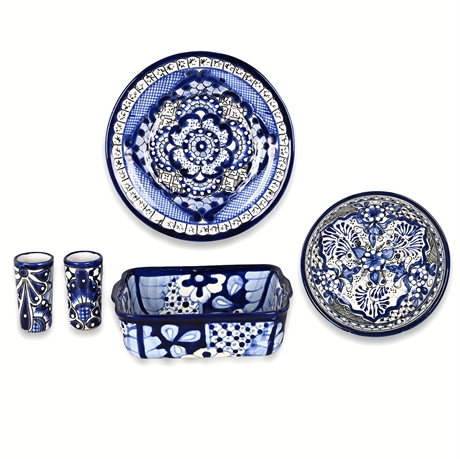 Puebla Blue Talavera Set – Five Hand-Painted Pieces