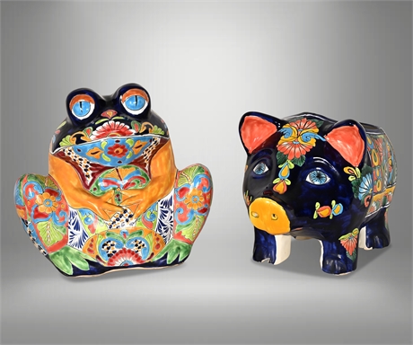 Majestic Mexican Talavera Frog & Pig Sculptures — Monumental Hand-Painted Pair