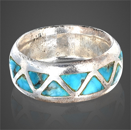 1970s Navajo Sterling Silver Turquoise Inlay Band Ring, Size 6