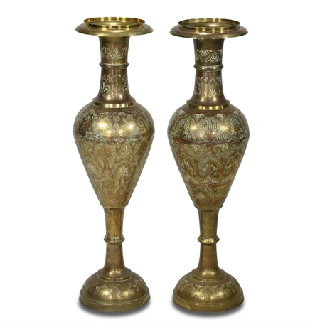 (2) Vintage 35" Solid Brass Engraved Vases