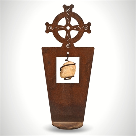 Celtic Cross Iron Garden Sculpture with Suspended River Stone