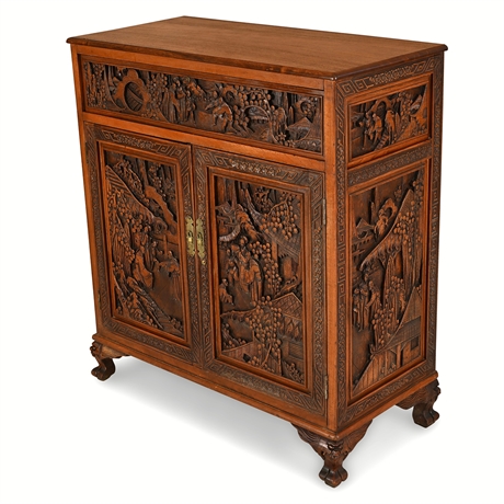 Carved Chinese Camphor Cabinet with Village & Landscape Scenes