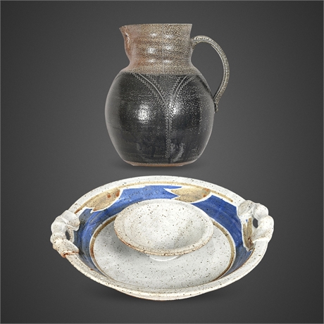 Studio Pottery Salt-Glaze Pitcher & Speckled Chip 'N' Dip Server