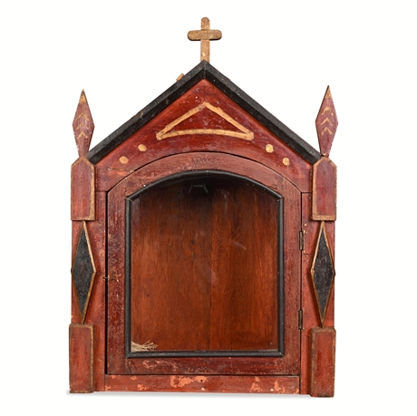 Folk Art Painted Wood Nicho Shrine with Cross Finial & Glass Side Panels