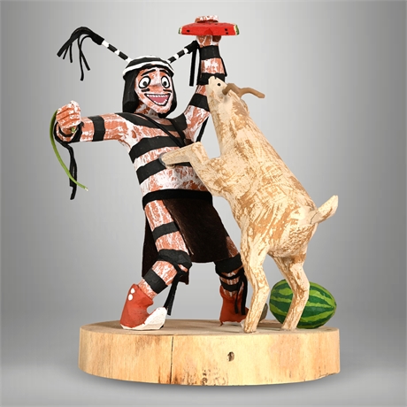 Navajo Koshare Kachina Wood Carving Signed Virgil Wood — Goat & Watermelon