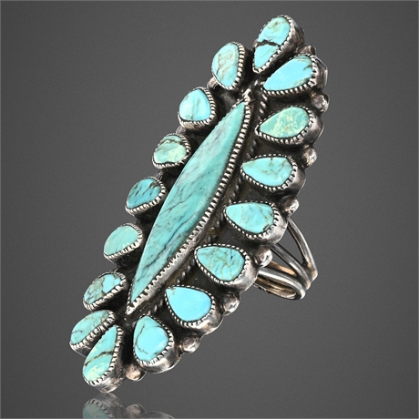 Vintage Navajo BTC Sterling Silver & Kingman Turquoise Cluster Ring – Size 10