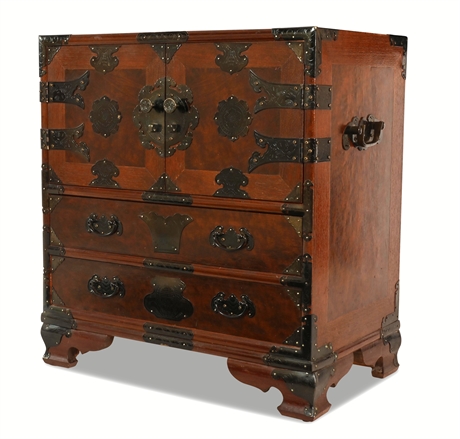 Vintage Elm Burl Mounted Chinoiserie Chest