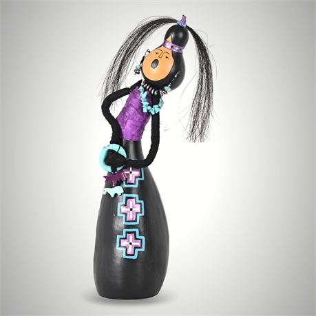 Southwestern Gourd Storyteller Figure, Turquoise & Fetishes—Signed “Pat”