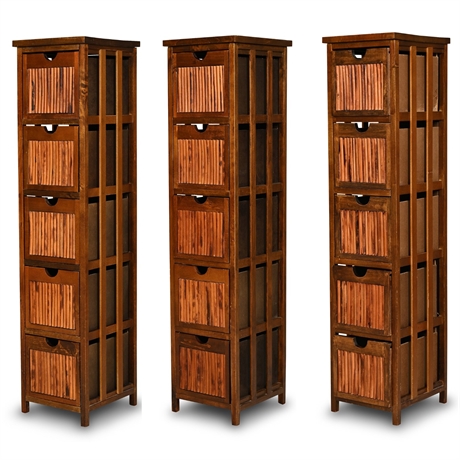 Set of Three Tall Narrow Five-Drawer Storage Towers with Bamboo Drawer Fronts