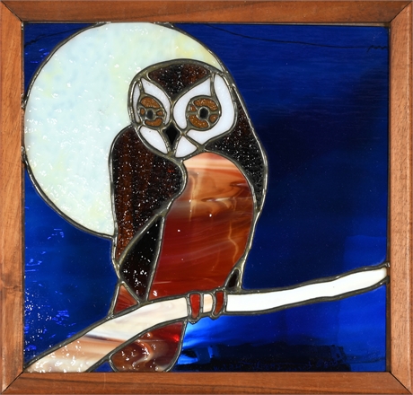 Stained Glass Owl with Full Moon, Wood Framed