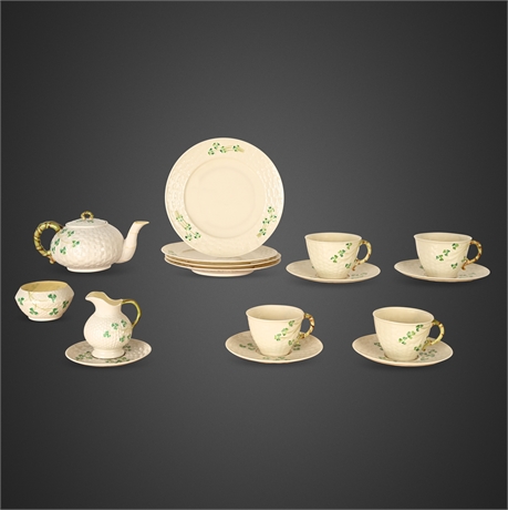 Belleek Shamrock Parian China Tea Set – 17 Pieces, Maker Marked