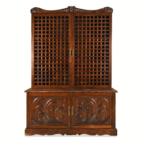 Vintage Mexican Spanish Colonial Trastero Cabinet — Carved Cedro, Fretwork Doors
