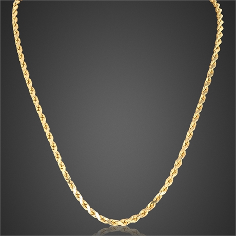 14K Yellow Gold Rope Chain Necklace — 18 5/8” Length, 17.9g, Barrel Clasp