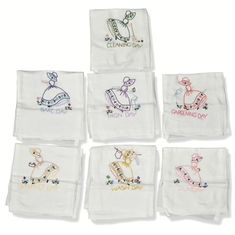 (7) Hand Embroidered Linen Tea Towels