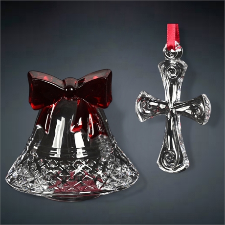 Orrefors Crystal Cross Ornament & Mikasa Crystal Bell Votive