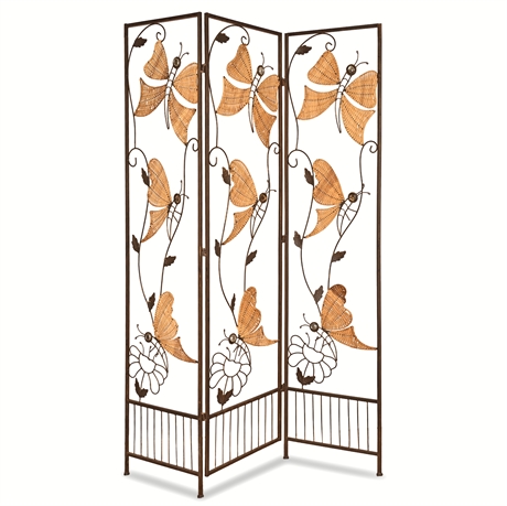 Woven Rattan & Iron Butterfly Motif 3-Panel Folding Screen