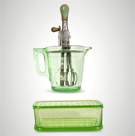 Uranium Depression Glass Beehive Pitcher with Rotary Beater & Refrigerator Dish