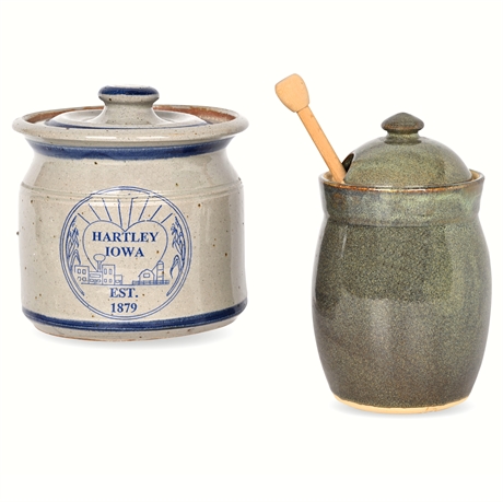 Hartley Iowa Crock & Signed Honey Jar w/ Lid & Spoon